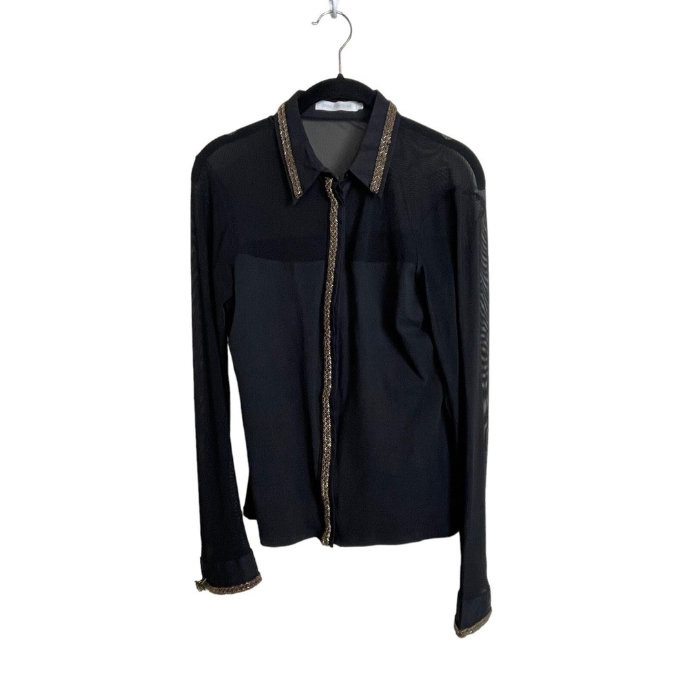 Anne Fontaine Blouse Women 40 Black Dark Fairy Sheer Mesh Beaded Insect Buttons